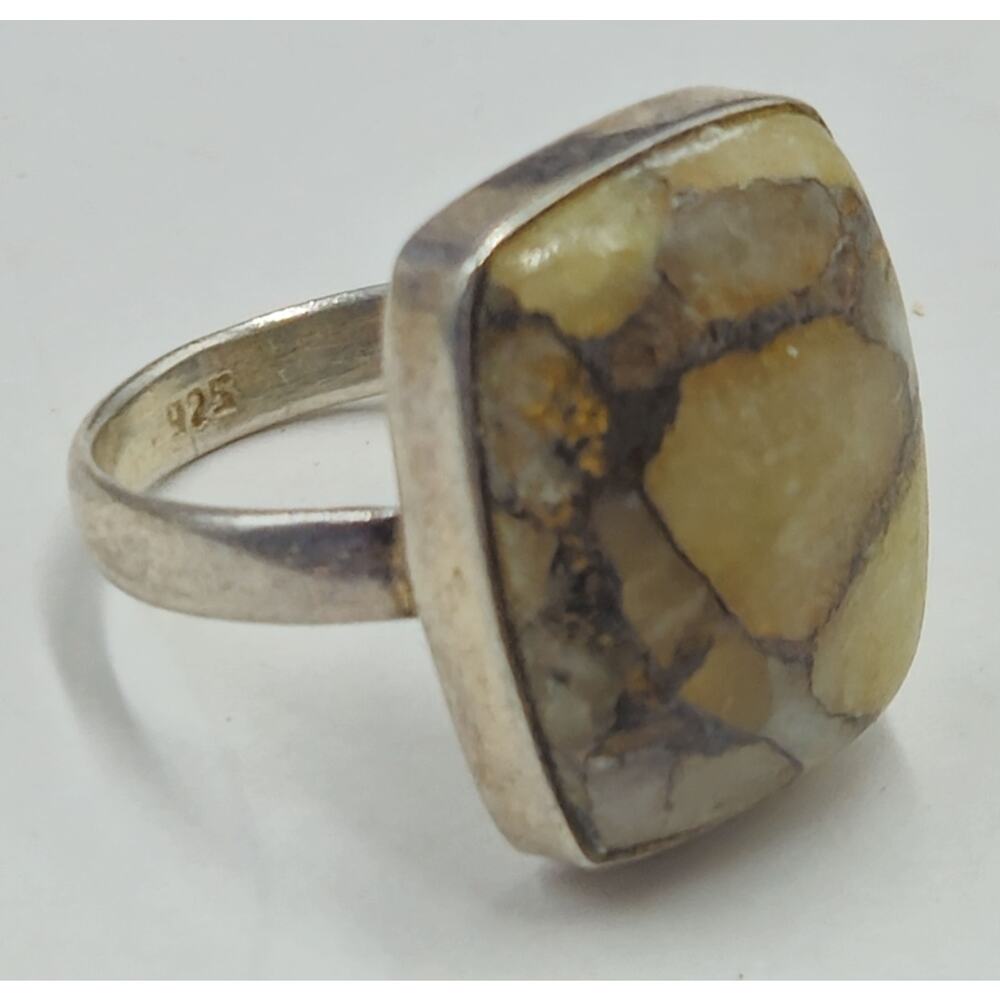 Vintage Agate Crystal Gold Unusual Stone Sterling Silver Ring  1970s Sz 5.5